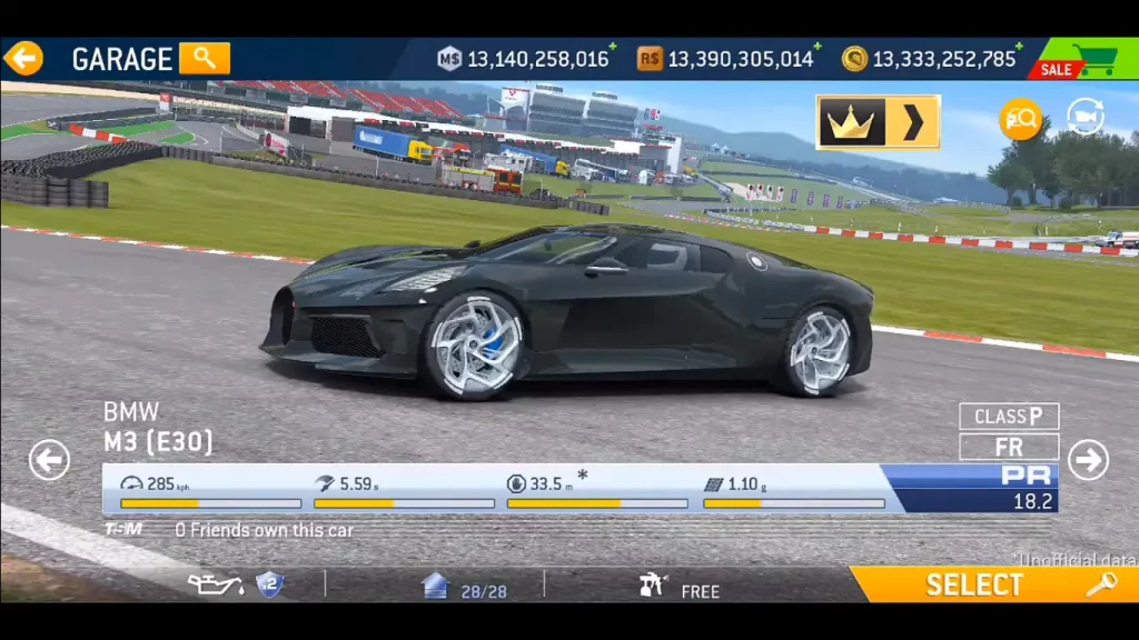 Get the Best Out of Real Racing 3 with MOD v13.4.1 1 "Real Racing 3 garage screen showing a high-performance black BMW M3 (E30) on track with full stats and unlimited currency values."