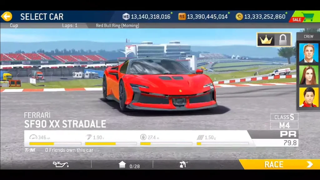 Get the Best Out of Real Racing 3 with MOD v13.4.1 2 "Real Racing 3 car selection screen featuring Ferrari SF90 XX Stradale with maxed stats, unlimited currency, and Red Bull Ring track in background."